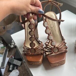 Jessica Simpson Brown and Gold Platform Sandals